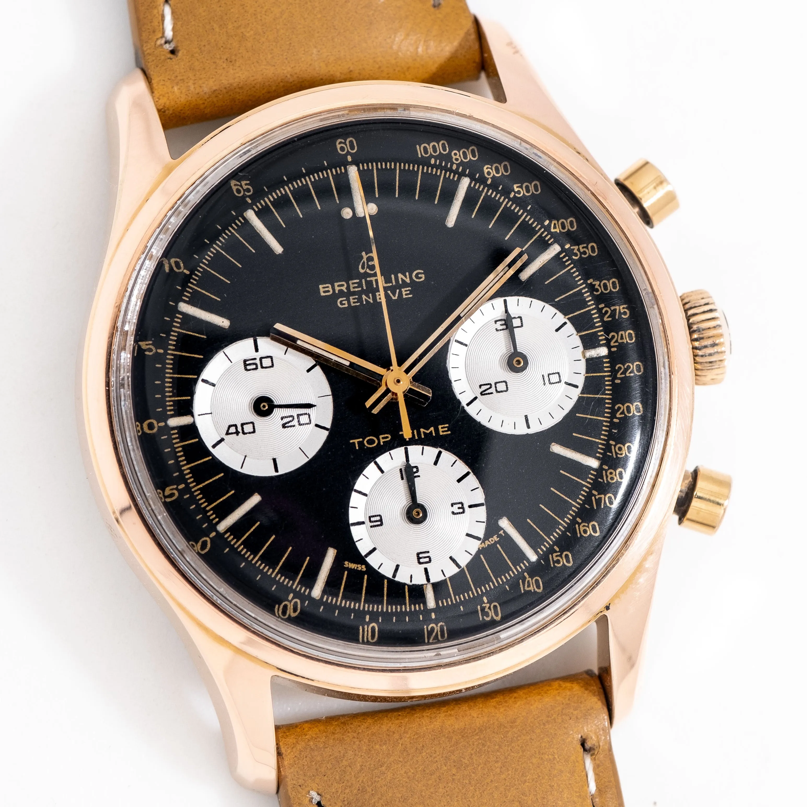 1966 Vintage Breitling Top Time Chronograph Ref. 810 14k Rose Gold Plated Stainless Steel Watch (# 15290)