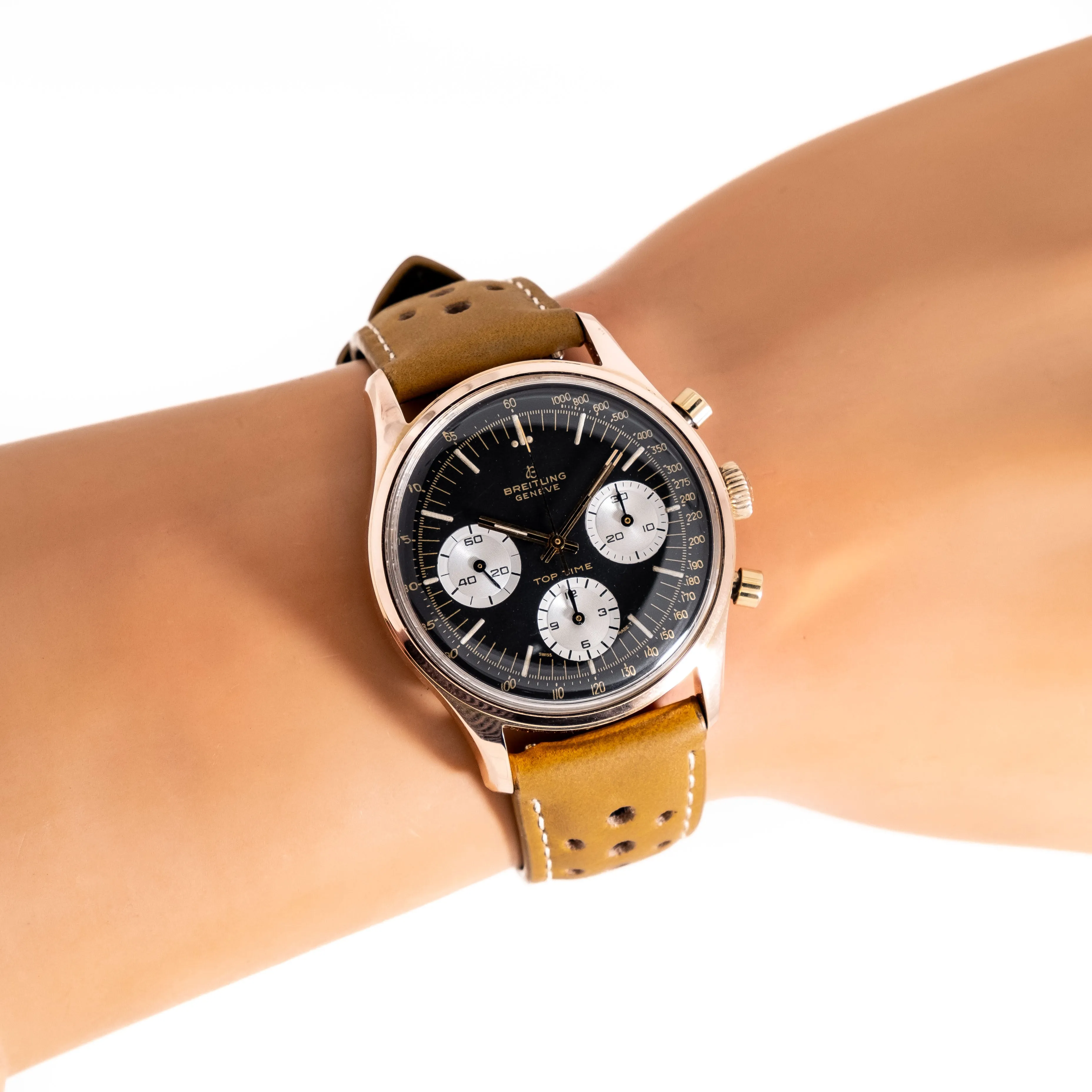 1966 Vintage Breitling Top Time Chronograph Ref. 810 14k Rose Gold Plated Stainless Steel Watch (# 15290)