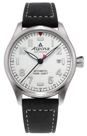 Alpina Startimer Pilot Automatic Stainless Steel Black Leather Strap White Dial Date Mens Watch AL-525S4S6