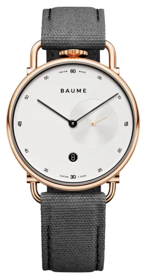 Baume & Mercier Baume Rose Gold PVD Silver Dial Gray Cotton Strap Date Quartz Mens Watch M0A10600