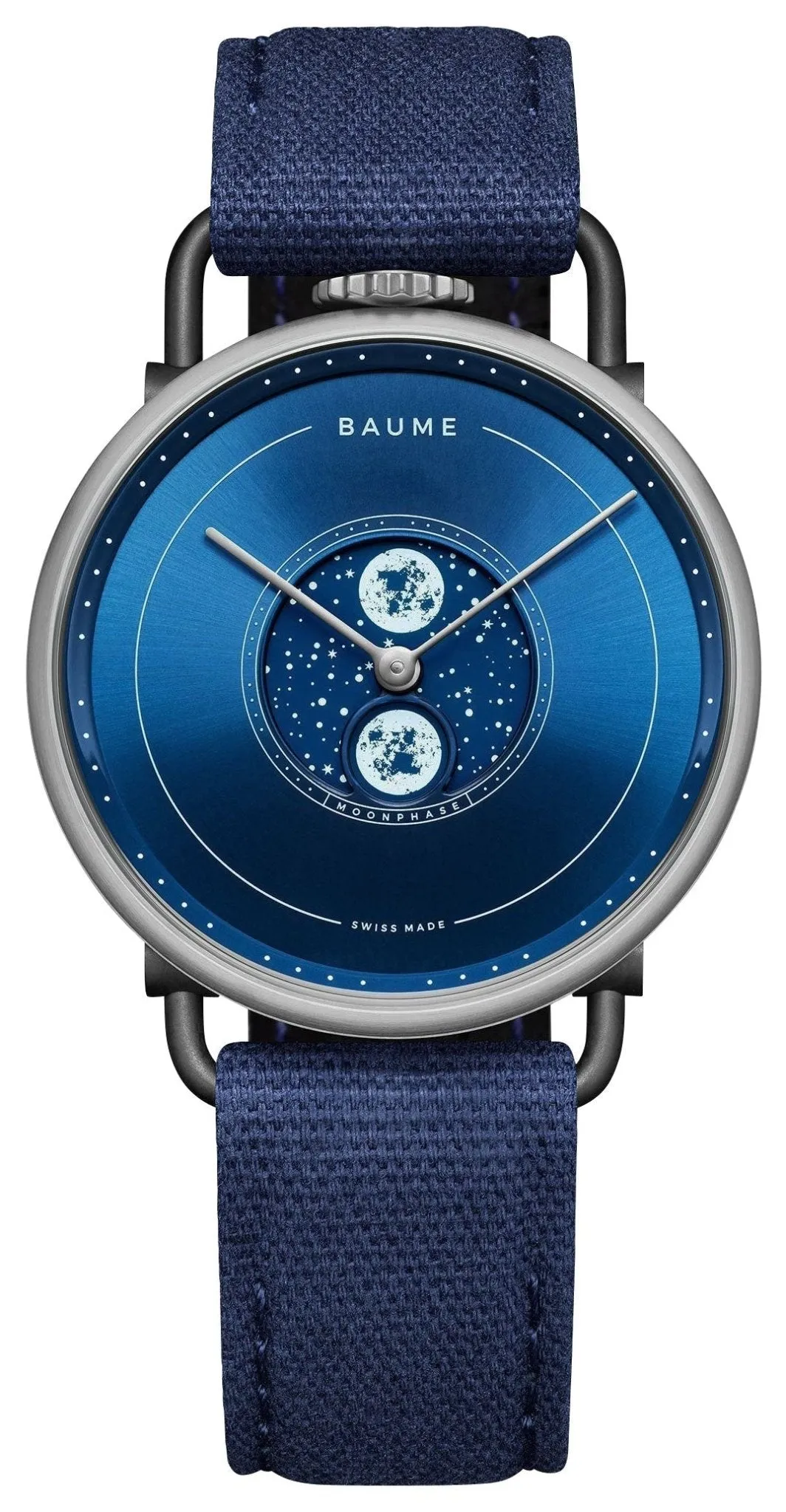 Baume & Mercier Baume Stainless Steel Blue Dial Blue Cotton Strap Moonphase Quartz Mens Watch M0A10637