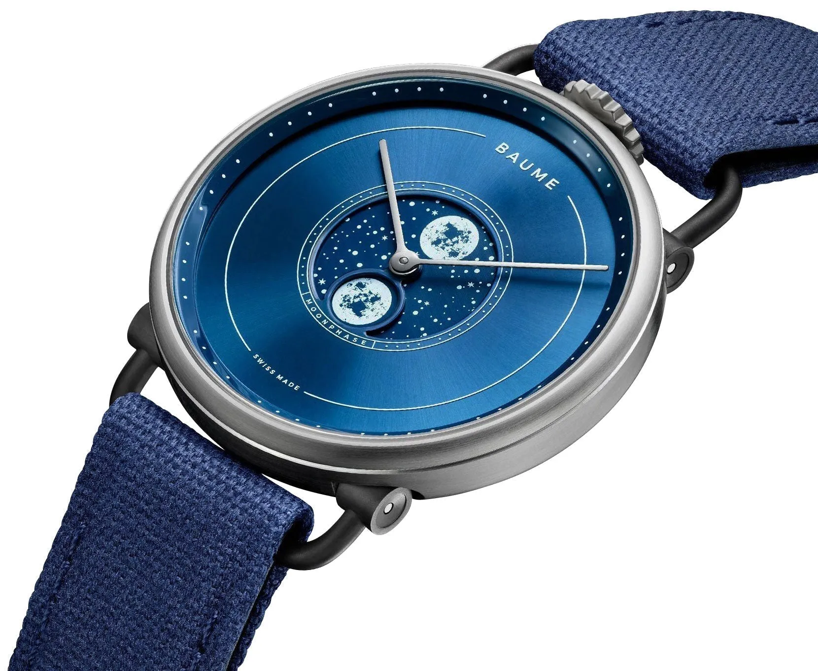Baume & Mercier Baume Stainless Steel Blue Dial Blue Cotton Strap Moonphase Quartz Mens Watch M0A10637
