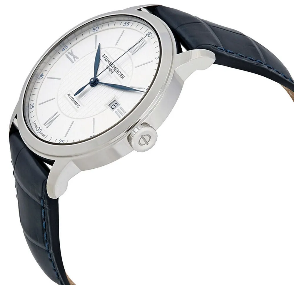 Baume & Mercier Classima Automatic Silver-Tone Dial Blue Leather Strap Date Mens Watch MOA10333