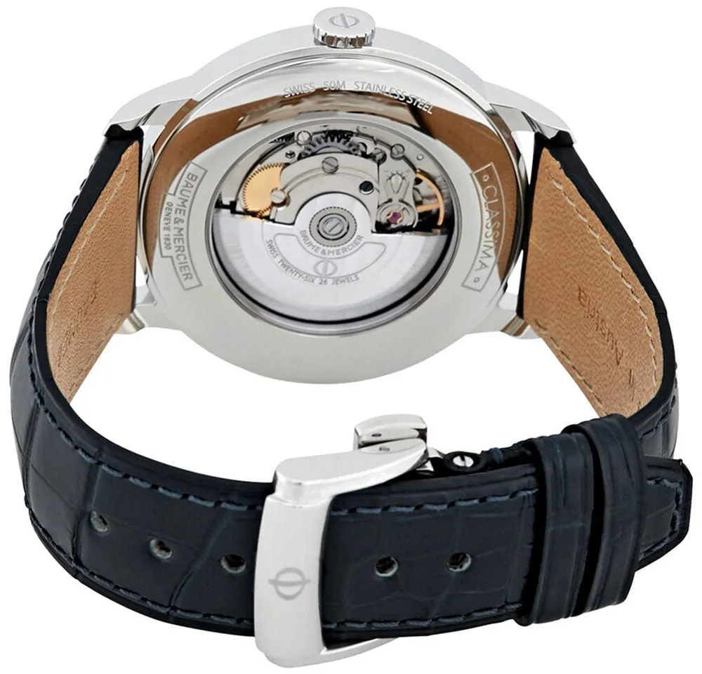 Baume & Mercier Classima Automatic Silver-Tone Dial Blue Leather Strap Date Mens Watch MOA10333