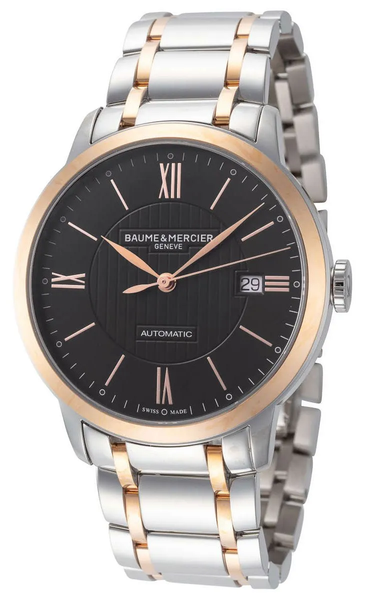 Baume & Mercier Classima Automatic Stainless Steel & 18K Rose Gold Black Dial Date Mens Watch M0A10293