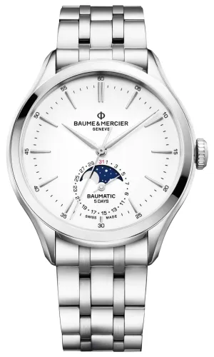 Baume & Mercier Clifton Baumatic Automatic Stainless Steel White Dial Moonphase Date Mens Watch M0A10552