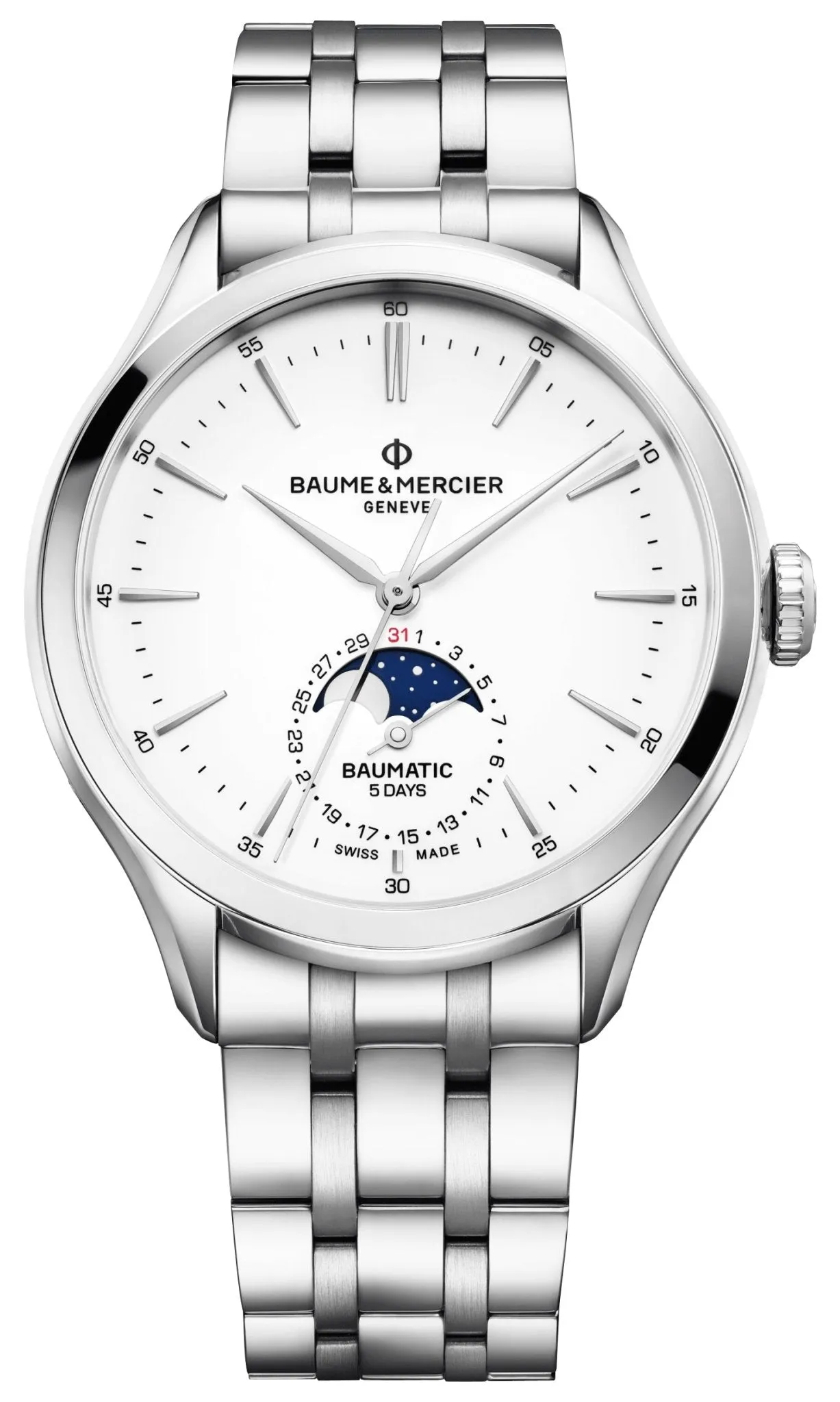Baume & Mercier Clifton Baumatic Automatic Stainless Steel White Dial Moonphase Date Mens Watch M0A10552
