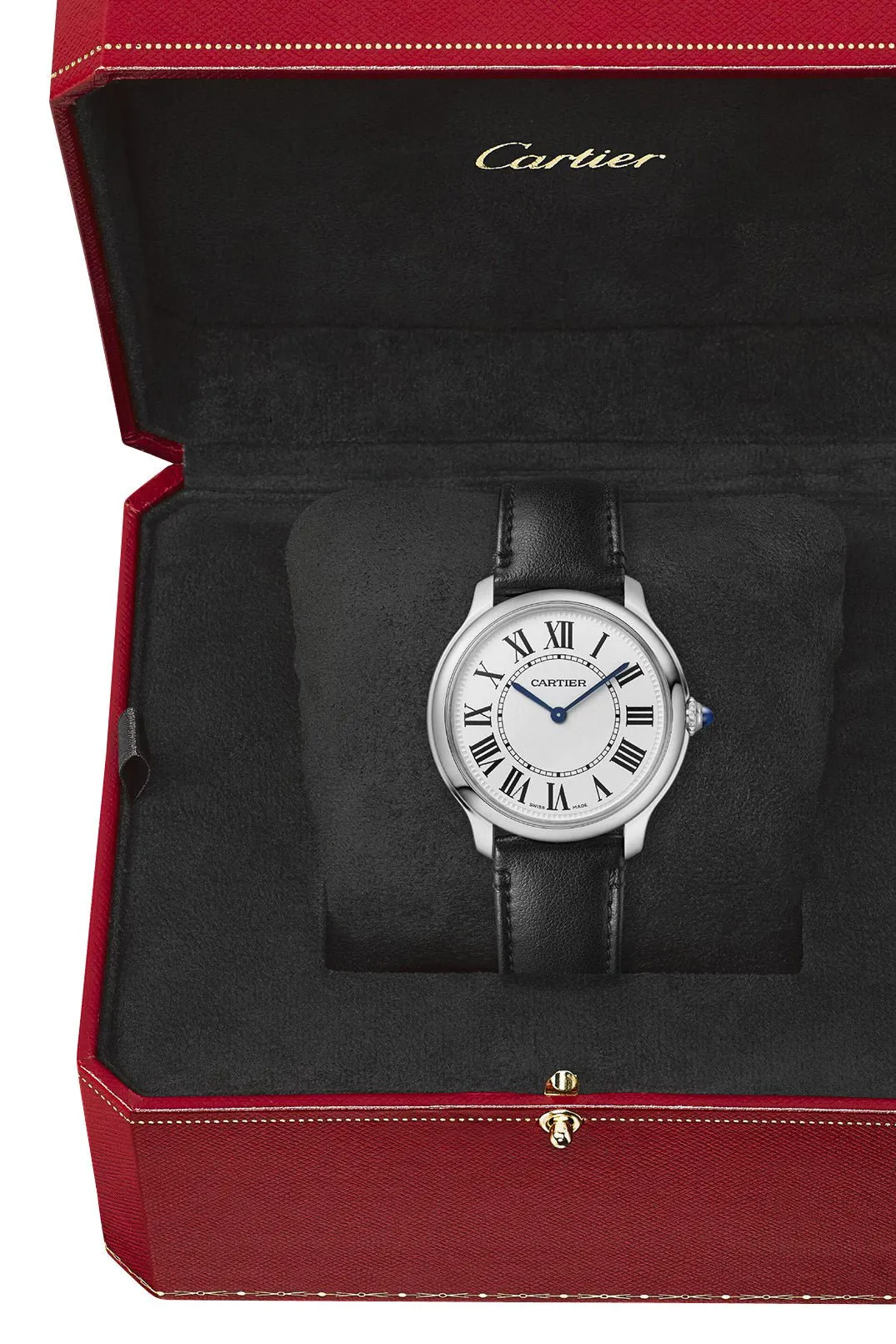Cartier Ronde Must de Cartier Stainless Steel Silver Dial Black Leather Strap Quartz Unisex Watch WSRN0031