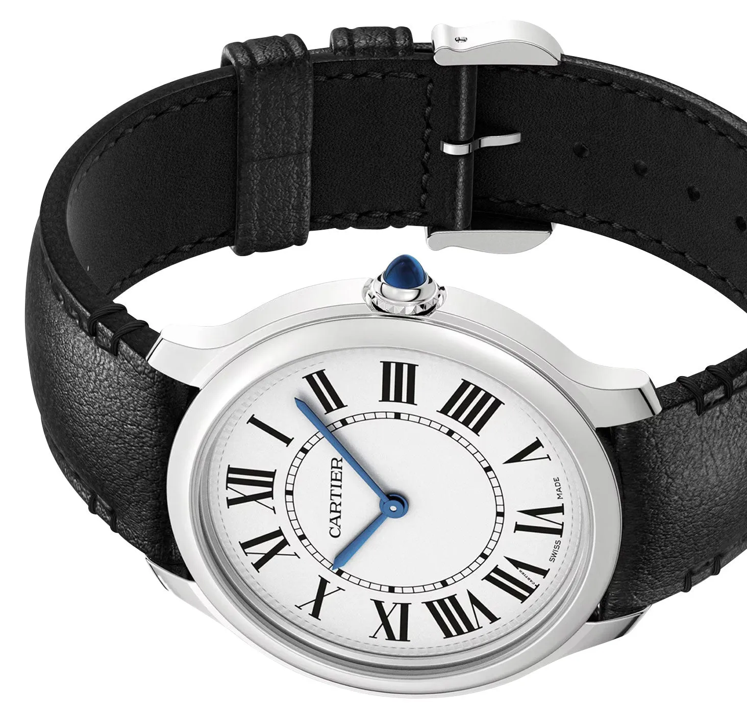 Cartier Ronde Must de Cartier Stainless Steel Silver Dial Black Leather Strap Quartz Unisex Watch WSRN0031