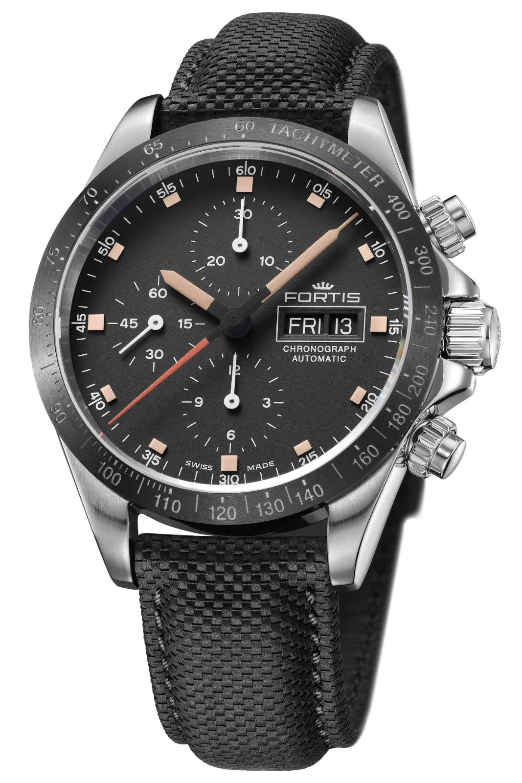 Fortis Stratoliner Automatic Chronograph Stainless Steel Black Dial Black Textile Strap Day/Date Mens Watch F2340001