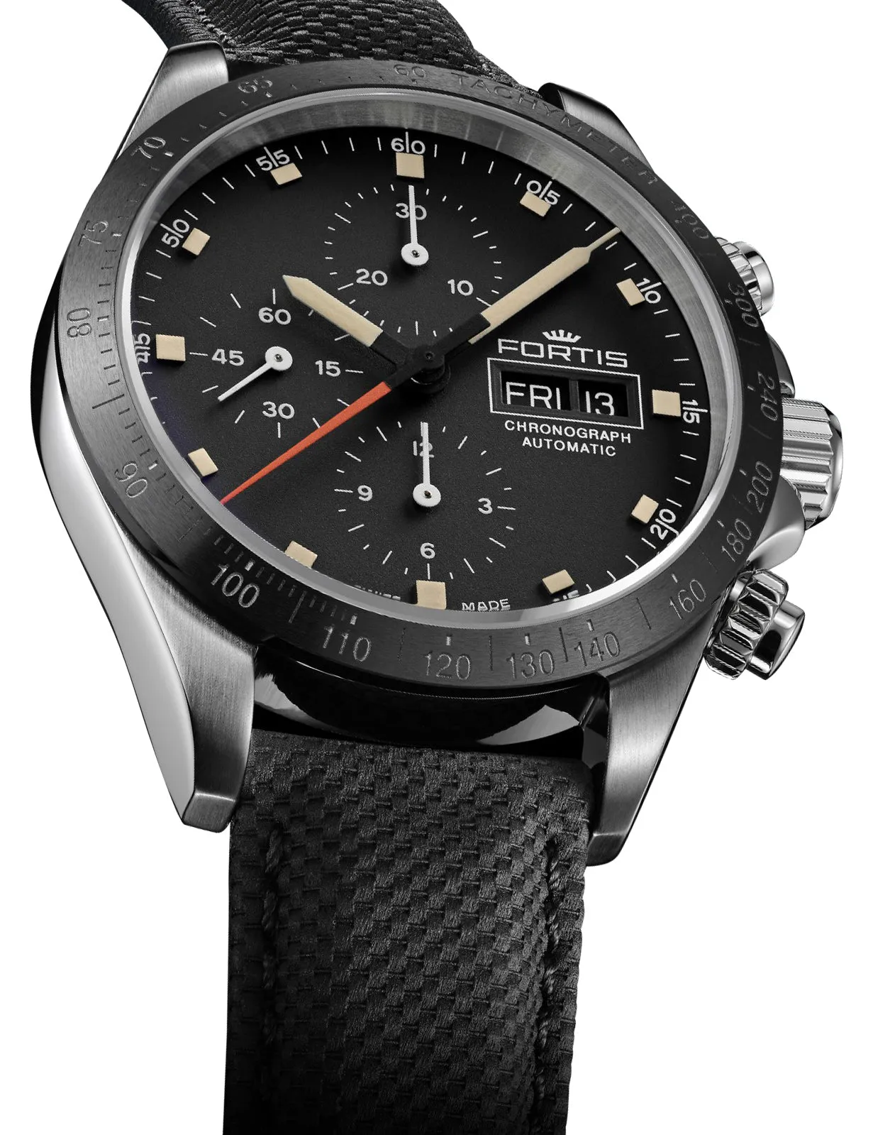 Fortis Stratoliner Automatic Chronograph Stainless Steel Black Dial Black Textile Strap Day/Date Mens Watch F2340001