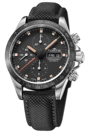 Fortis Stratoliner Automatic Chronograph Stainless Steel Black Dial Black Textile Strap Day/Date Mens Watch F2340001