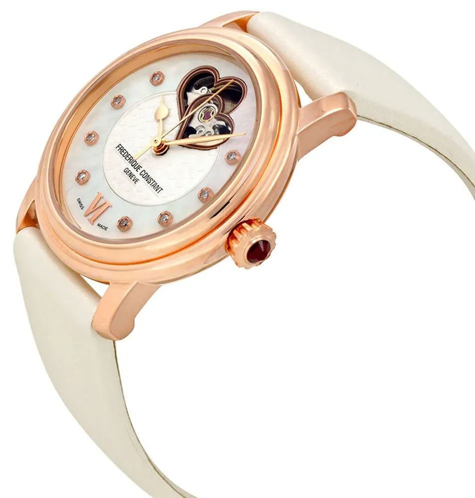 Frederique Constant Double Heart Beat Automatic Rose Gold Plated Steel Mother-Of-Pearl Dial Ivory Satin Strap Diamonds Womens Watch FC-310DHB2P4