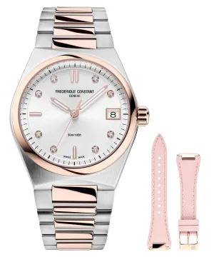 Frederique Constant Highlife Steel & Rose Gold Plated Silver Dial Diamonds Interchangeable Pink Rubber Strap Date Quartz Womens Watch FC-240VD2NH2B