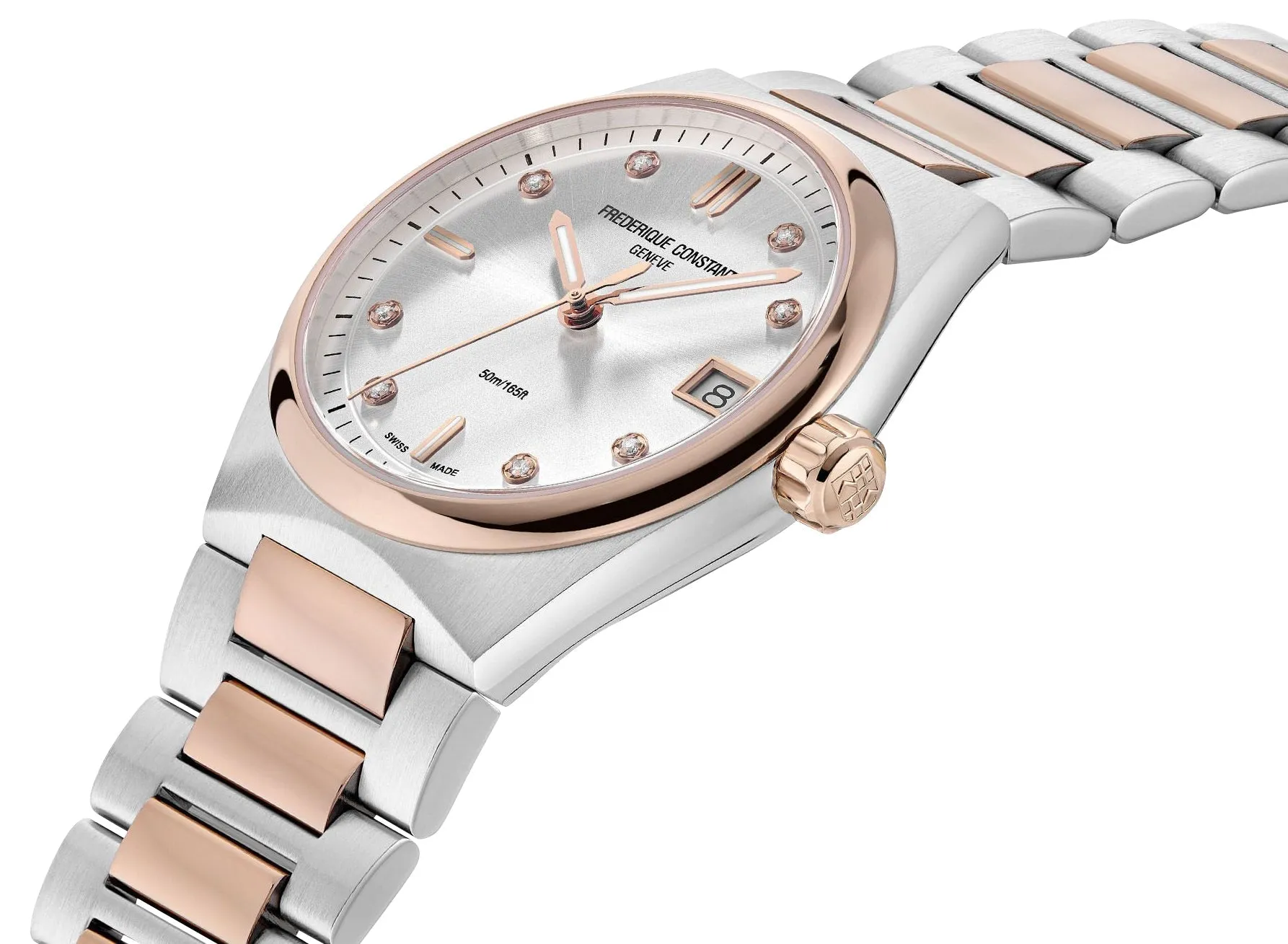 Frederique Constant Highlife Steel & Rose Gold Plated Silver Dial Diamonds Interchangeable Pink Rubber Strap Date Quartz Womens Watch FC-240VD2NH2B