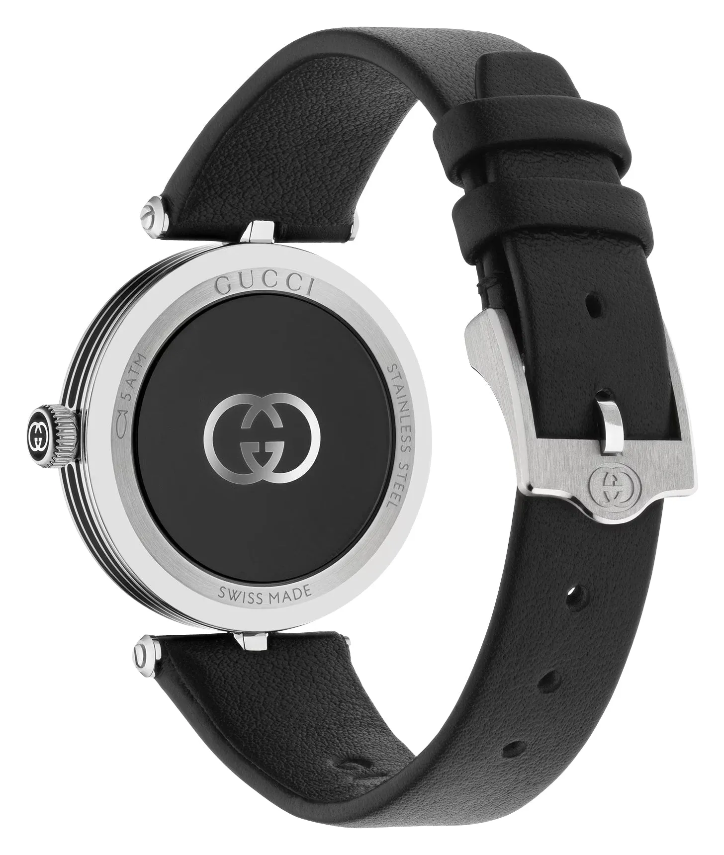 Gucci Model 2000 Stainless Steel Black Dial Black Leather Strap Quartz Womens Watch YA167505