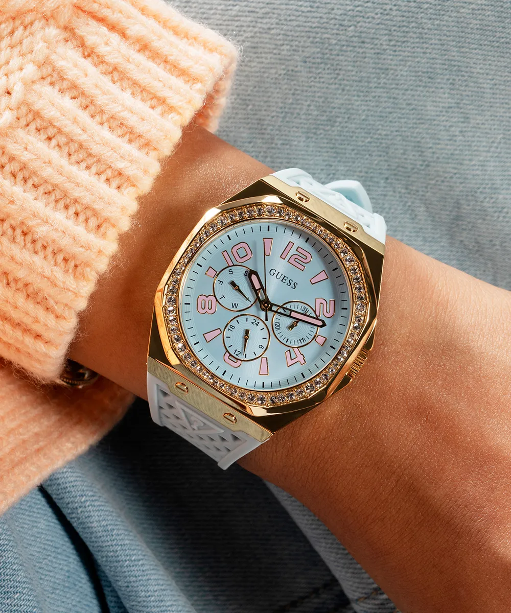 GUESS Ladies Light Blue Gold Tone Multi-function Watch