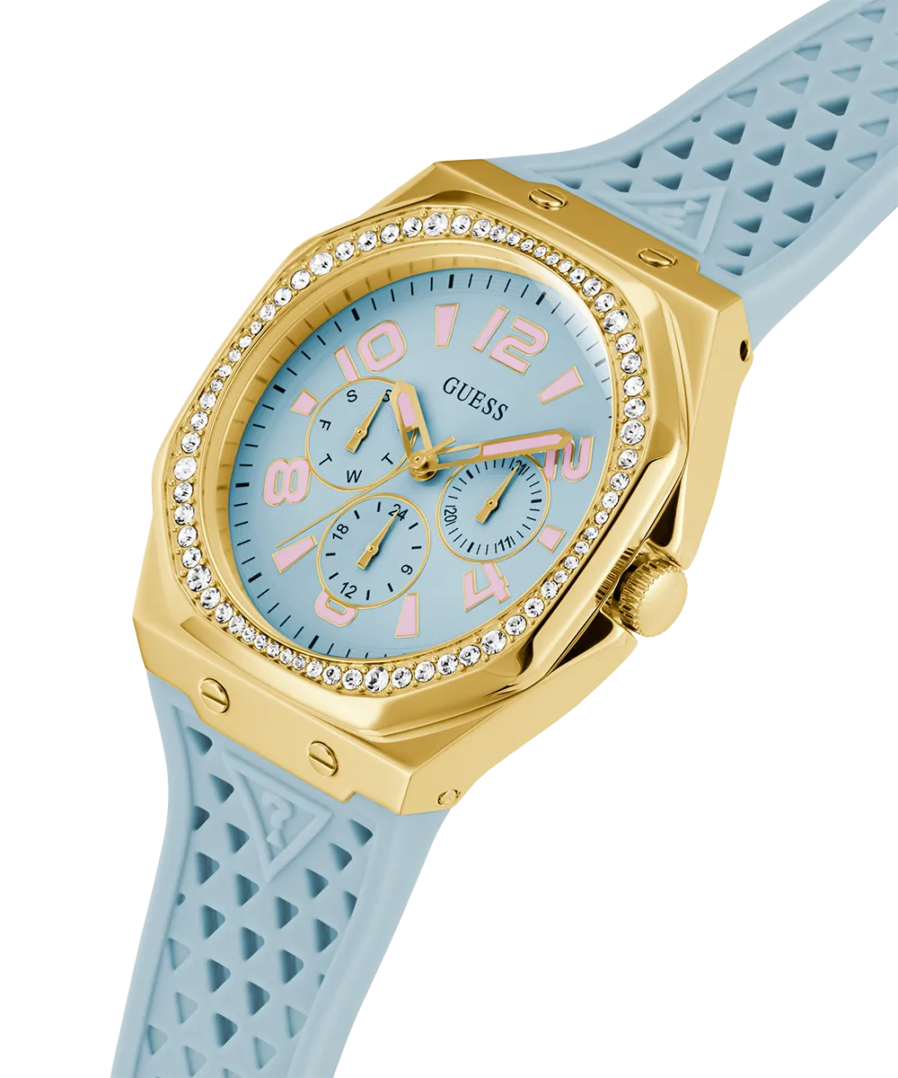 GUESS Ladies Light Blue Gold Tone Multi-function Watch