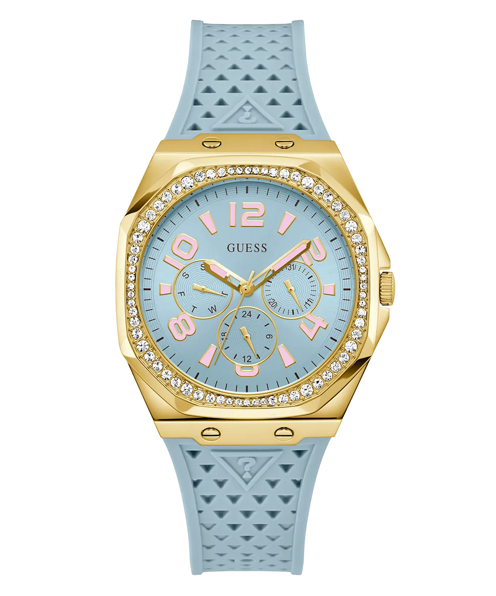 GUESS Ladies Light Blue Gold Tone Multi-function Watch