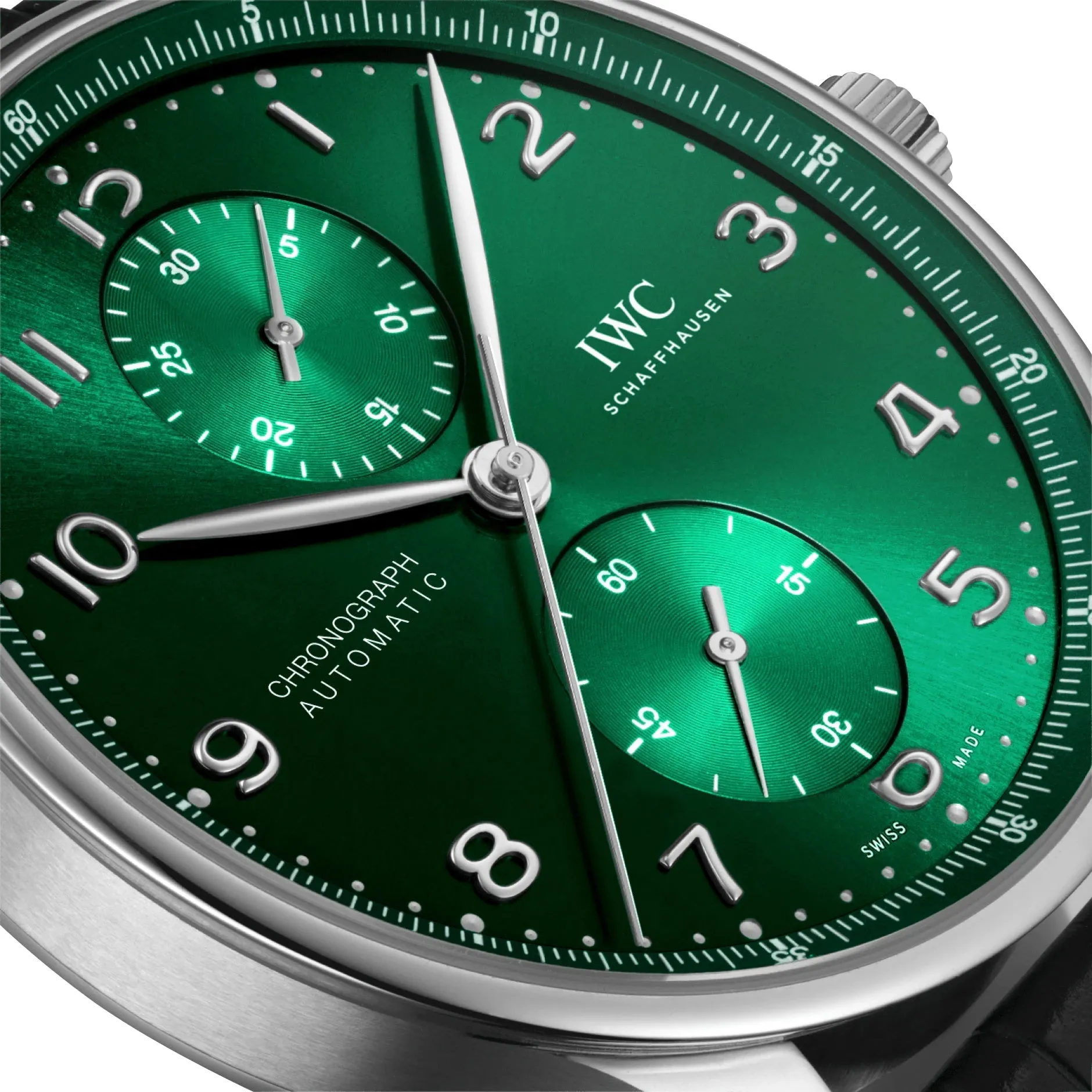 IWC Portugieser Automatic Chronograph Stainless Steel Green Dial Black Leather Strap Mens Watch IW371615