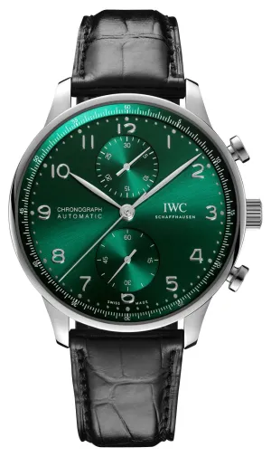 IWC Portugieser Automatic Chronograph Stainless Steel Green Dial Black Leather Strap Mens Watch IW371615