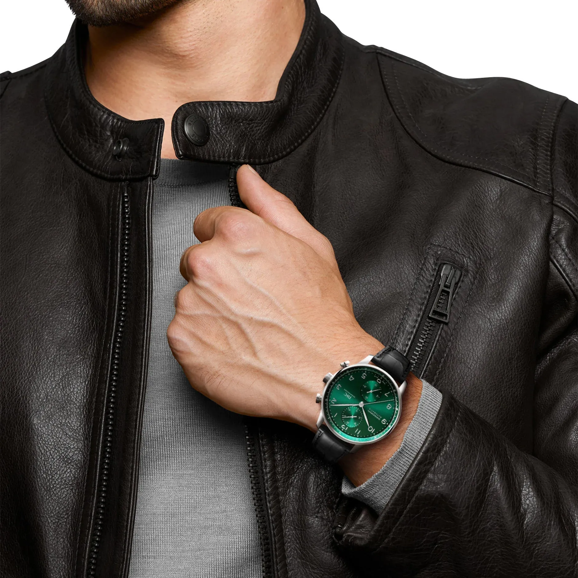 IWC Portugieser Automatic Chronograph Stainless Steel Green Dial Black Leather Strap Mens Watch IW371615