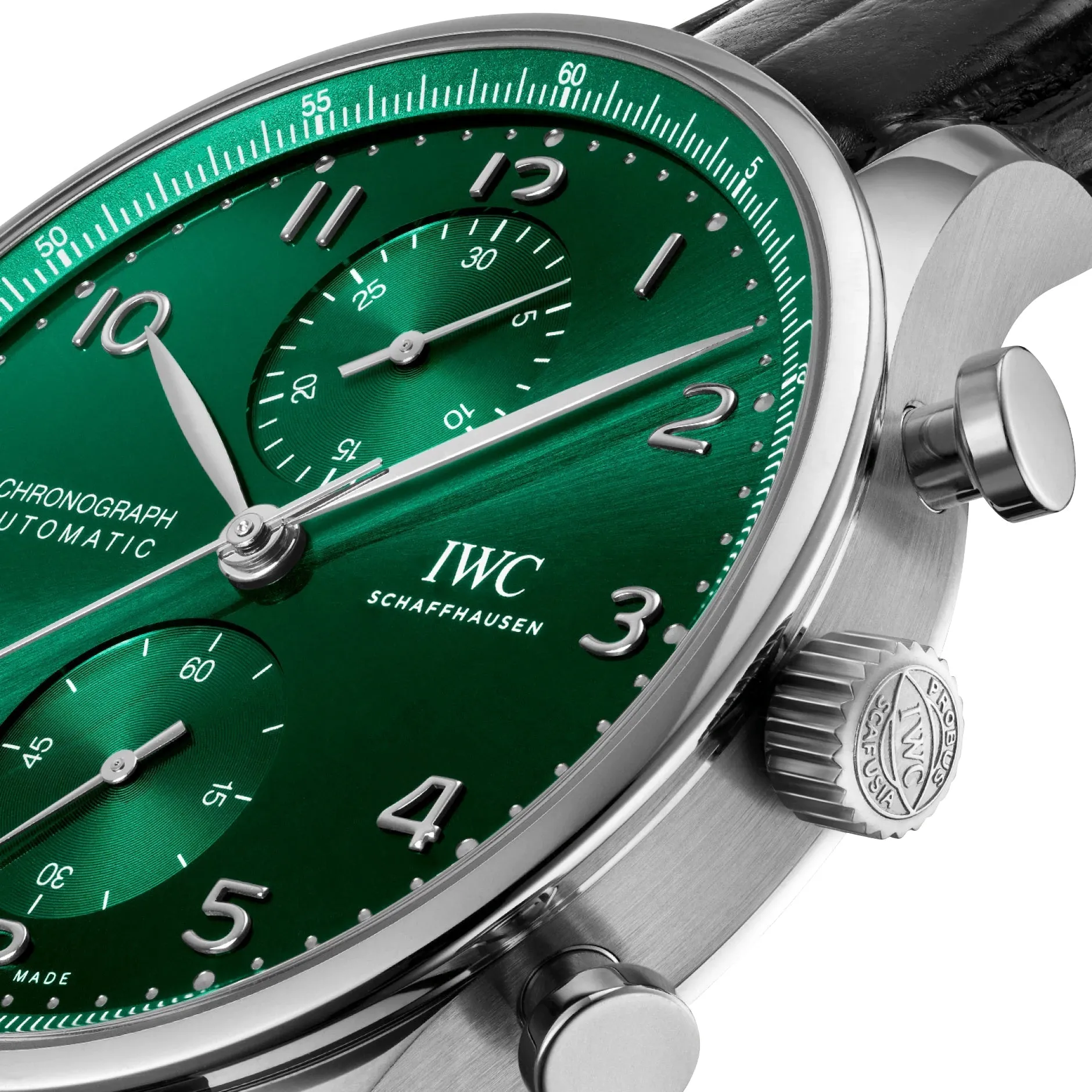 IWC Portugieser Automatic Chronograph Stainless Steel Green Dial Black Leather Strap Mens Watch IW371615