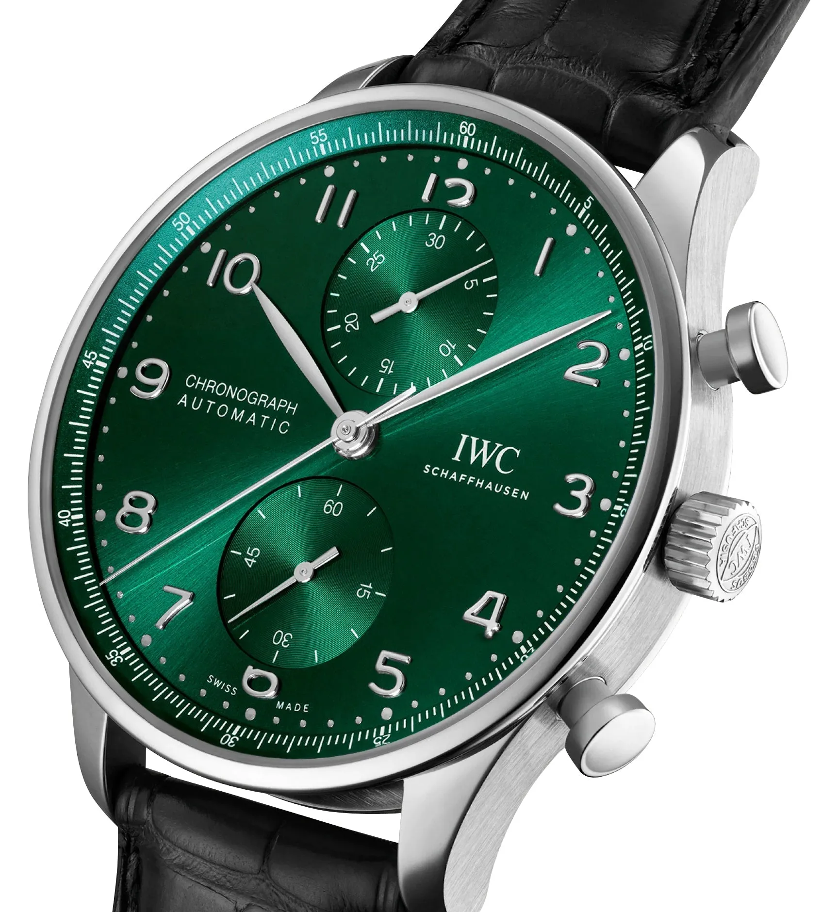IWC Portugieser Automatic Chronograph Stainless Steel Green Dial Black Leather Strap Mens Watch IW371615