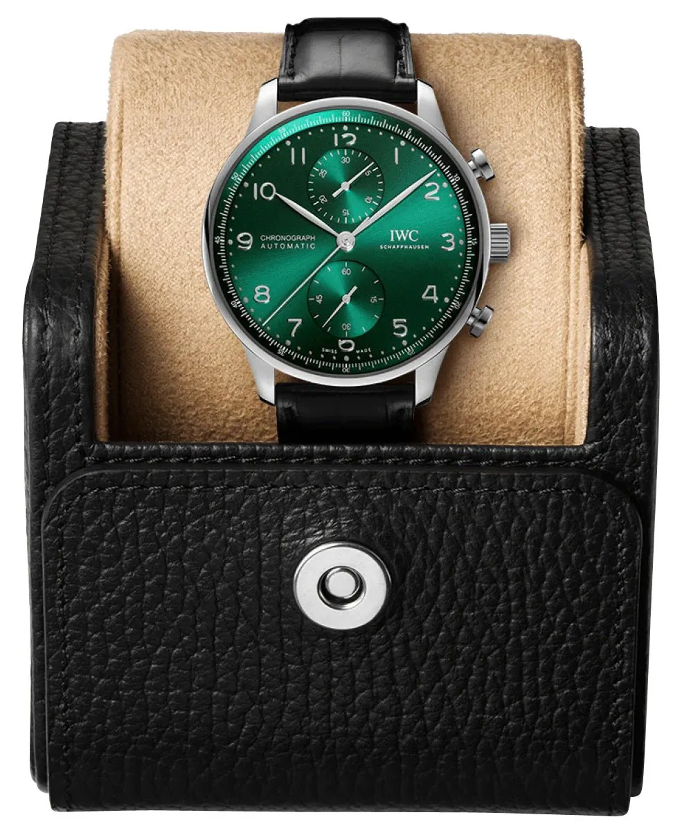IWC Portugieser Automatic Chronograph Stainless Steel Green Dial Black Leather Strap Mens Watch IW371615
