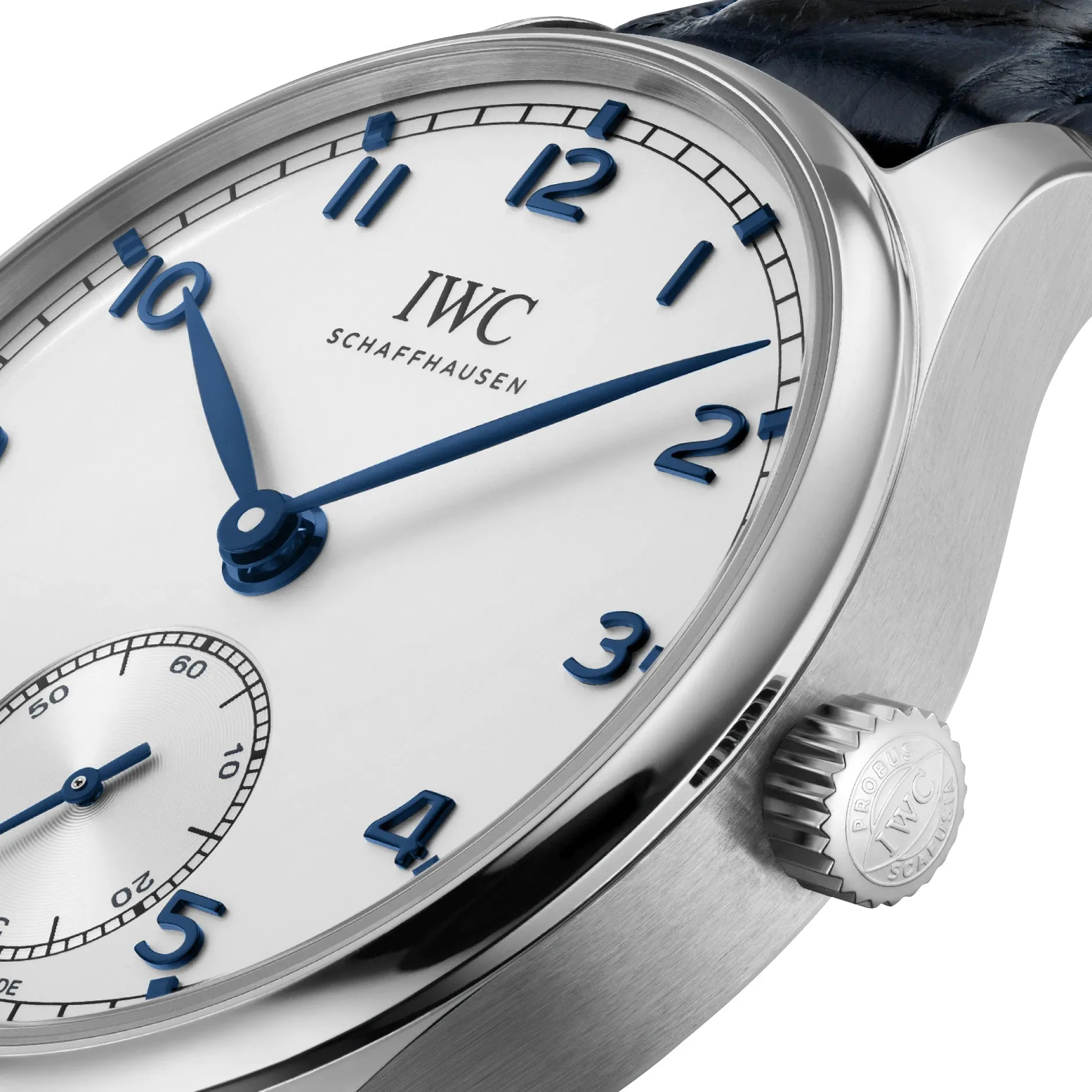 IWC Portugieser Automatic Stainless Steel Silver-Tone Dial Blue Leather Strap Mens Watch IW358304