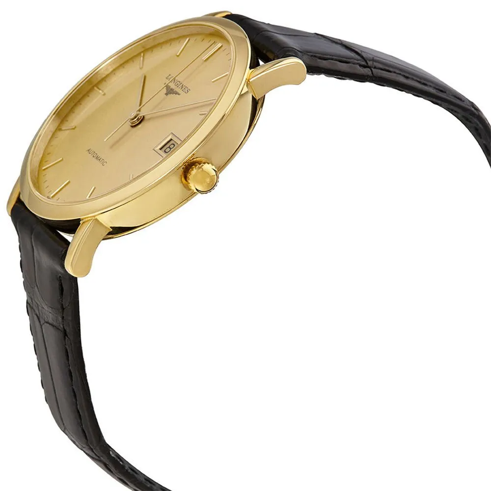 Longines Elegant Automatic 18K Yellow Gold Champagne Dial Black Leather Strap Date Womens Watch L4.778.6.32.0