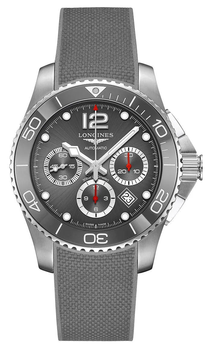 Longines HydroConquest Automatic Chronograph Stainless Steel Gray Dial Gray Rubber Strap Date Divers Mens Watch L3.883.4.76.9