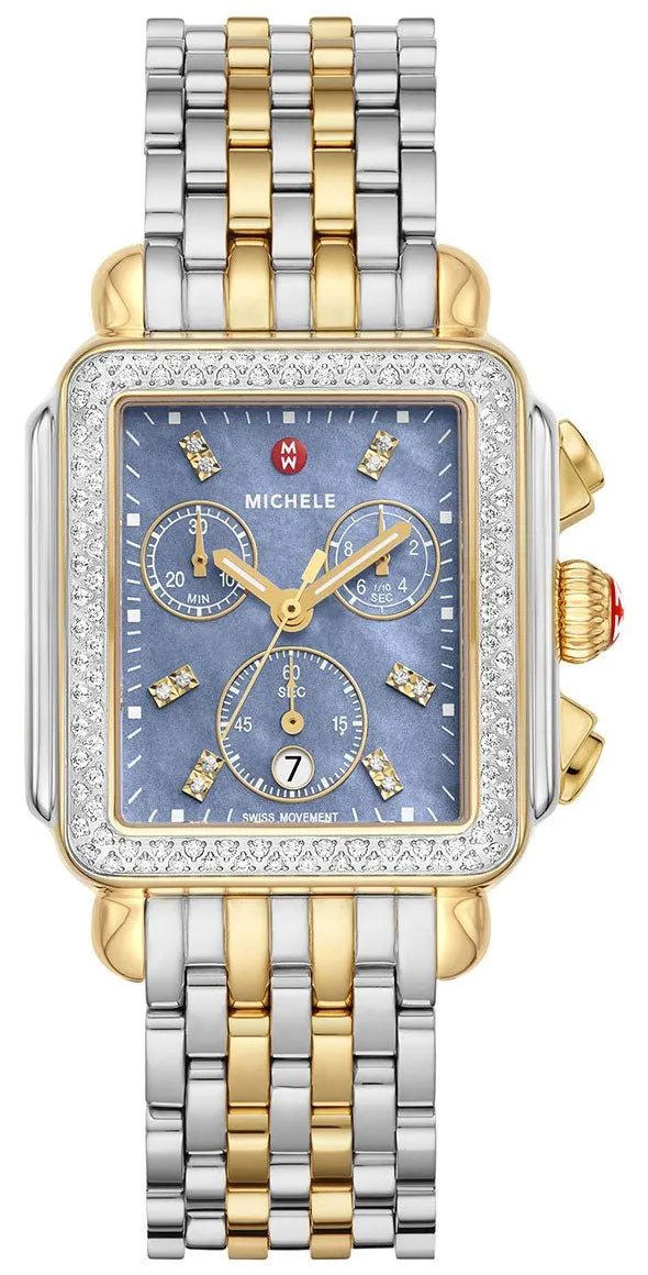 Michele Deco Chronograph Blue Mother-of-Pearl Dial Date Two-Tone Stainless Steel & Diamonds Womens Watch MWW06A000809