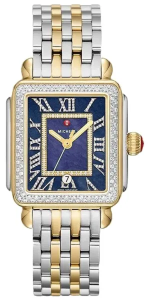 Michele Deco Madison Diamonds Two-Tone Steel Midnight Blue Mother-of-Pearl Dial Date Rectangle Womens Watch MWW06T000239