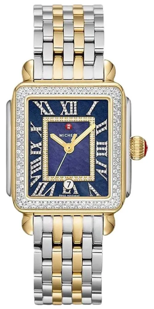 Michele Deco Madison Diamonds Two-Tone Steel Midnight Blue Mother-of-Pearl Dial Date Rectangle Womens Watch MWW06T000239