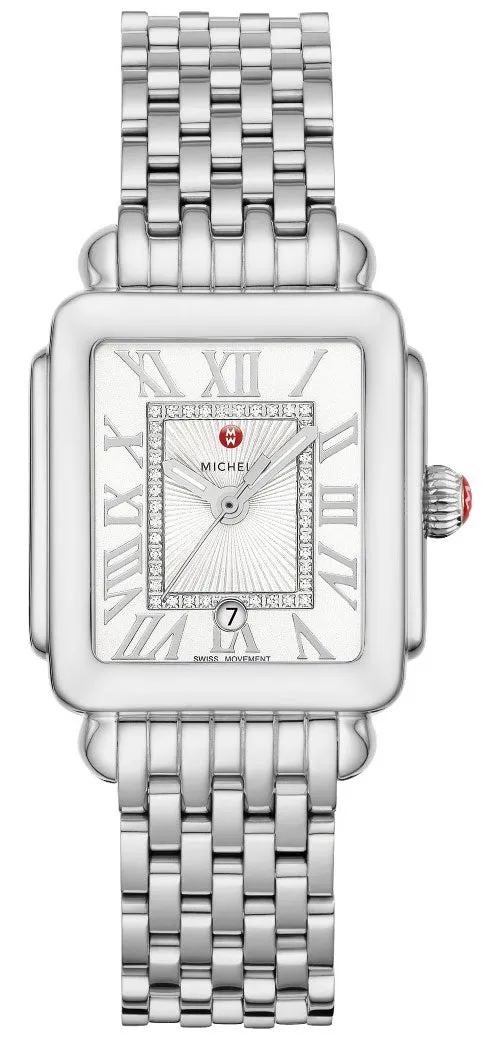 Michele Deco Madison Mid Stainless Steel Diamonds Silver Dial Date Rectangle Womens Watch MWW06G000012