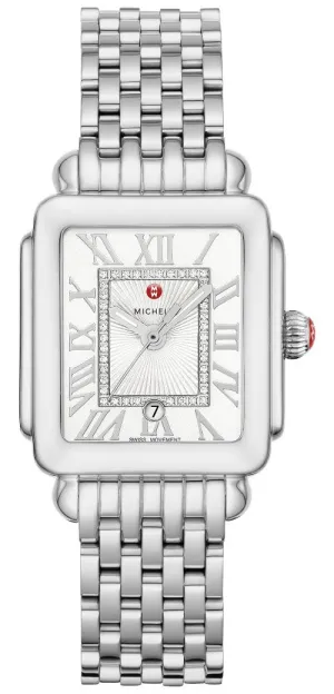 Michele Deco Madison Mid Stainless Steel Diamonds Silver Dial Date Rectangle Womens Watch MWW06G000012
