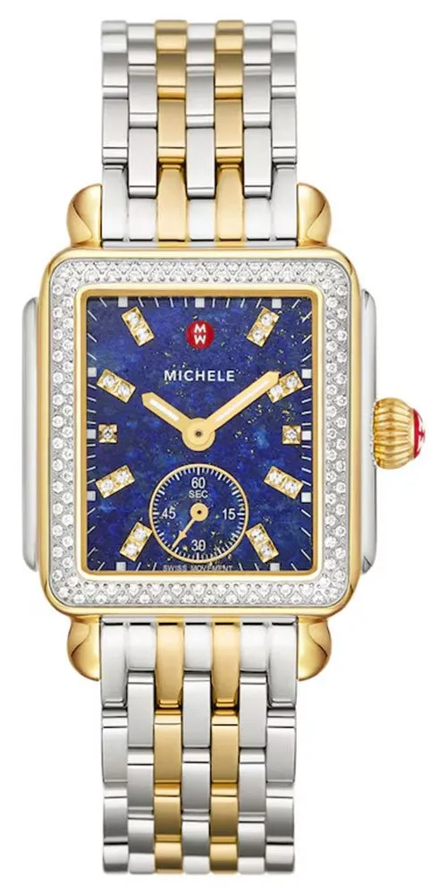 Michele Deco Mid Two-Tone Steel Diamonds Blue Lapis Dial Rectangle Womens Watch MWW06V000125