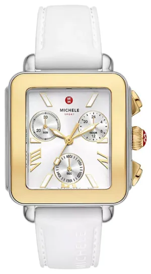 Michele Deco Sport Chronograph Silver Rectangle Dial Gold-Plated Bezel White Silicone Women's Watch MWW06K000069