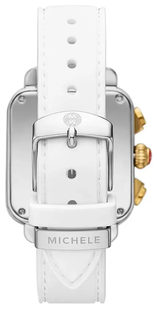Michele Deco Sport Chronograph Silver Rectangle Dial Gold-Plated Bezel White Silicone Women's Watch MWW06K000069