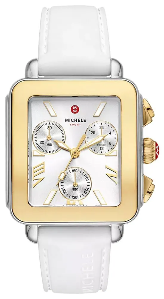 Michele Deco Sport Chronograph Silver Rectangle Dial Gold-Plated Bezel White Silicone Women's Watch MWW06K000069