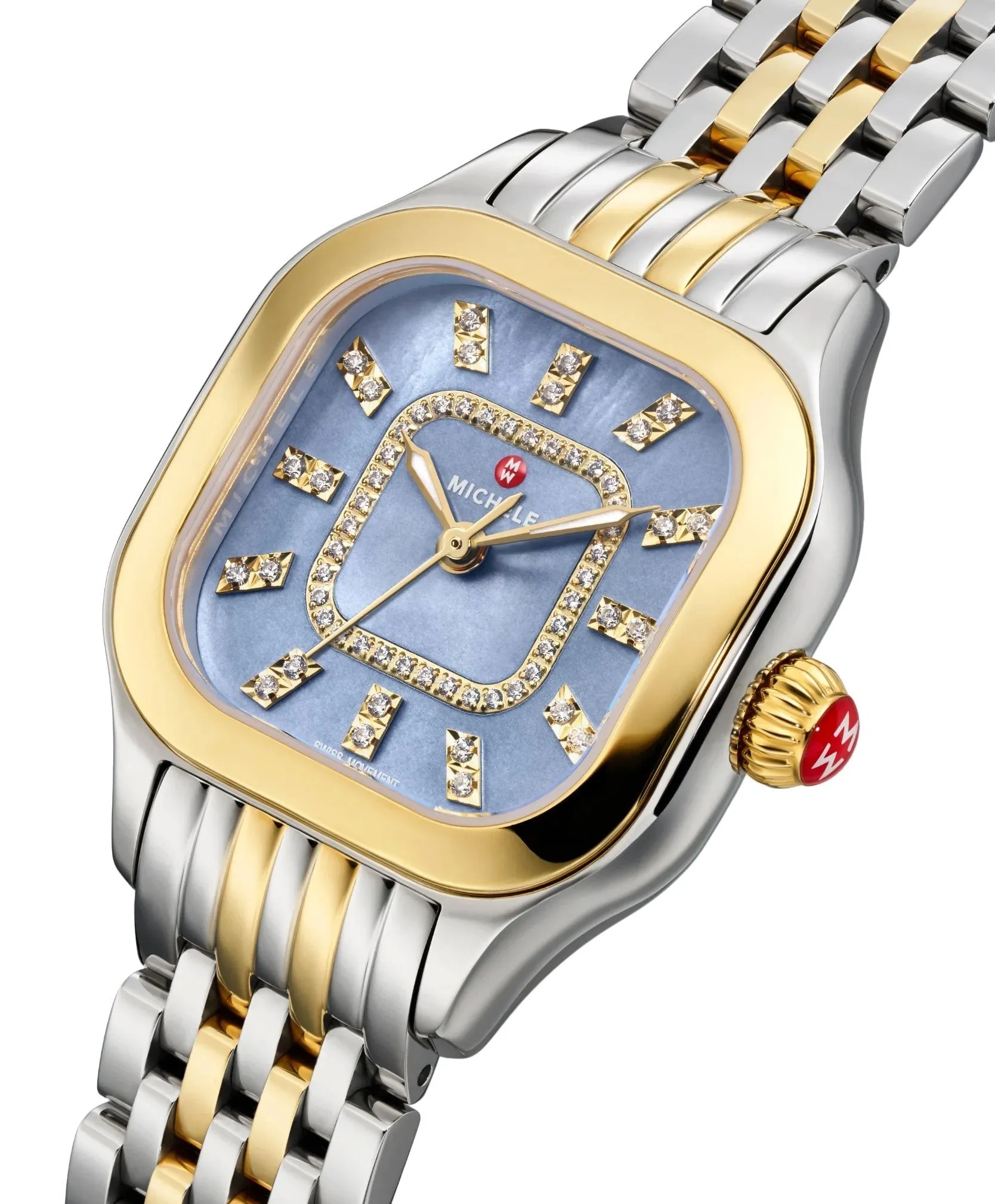 Michele Meggie Two-Tone Steel Diamonds Square Blue Dusk Mother-of-Pearl Dial Womens Watch MWW33B000015