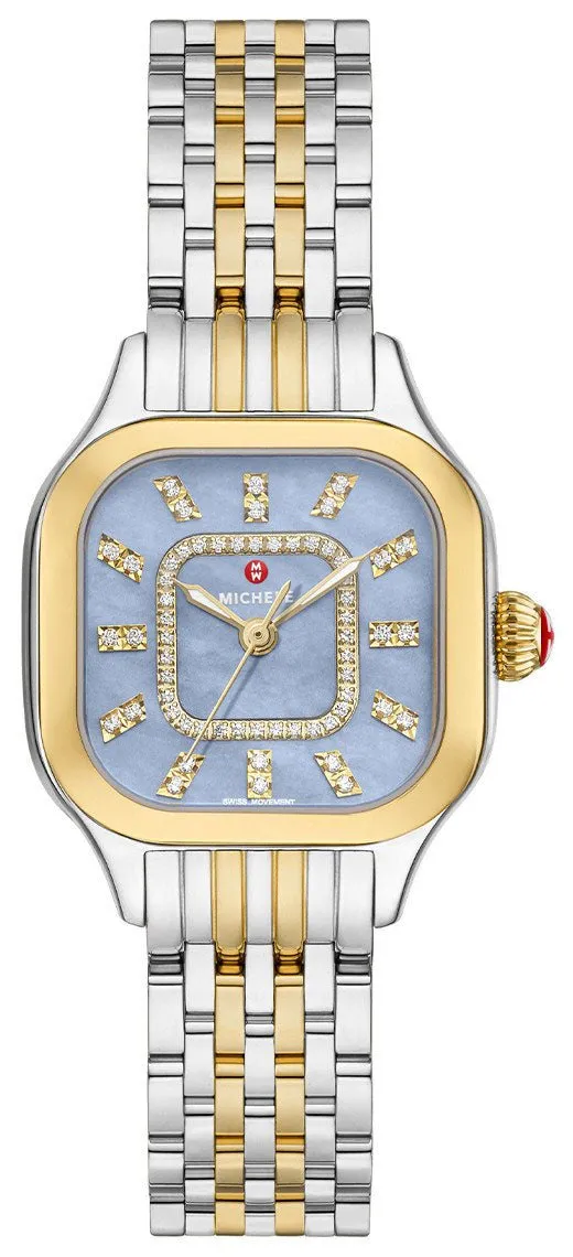 Michele Meggie Two-Tone Steel Diamonds Square Blue Dusk Mother-of-Pearl Dial Womens Watch MWW33B000015