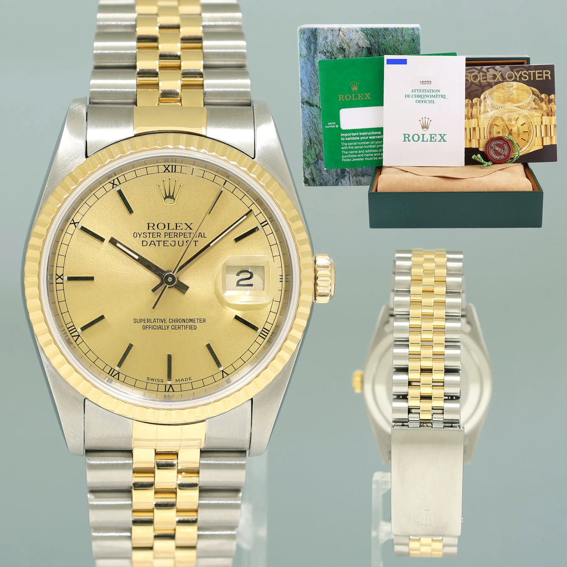 MINT Rolex DateJust 16233 Champagne Stick Jubilee Yellow Gold Two Tone 36mm Watch