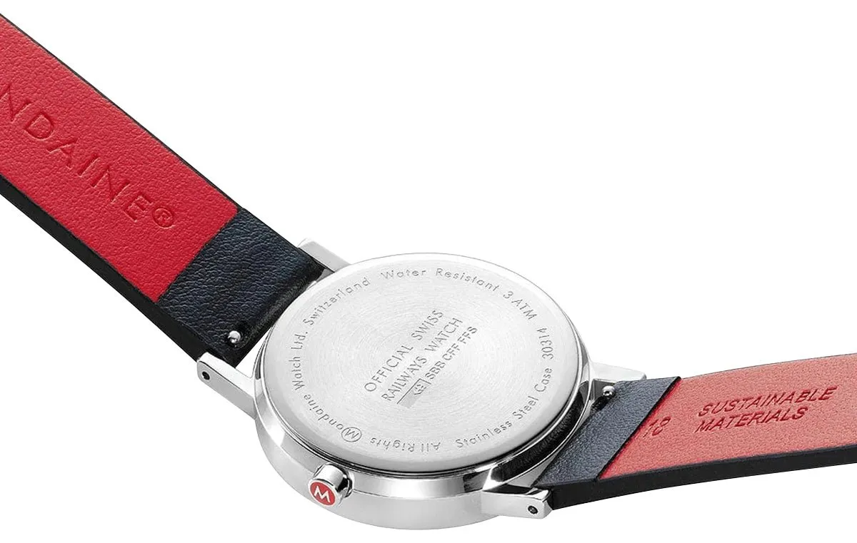 Mondaine Classic Stainless Steel White Dial Black Vegan Leather Strap Quartz Unisex Watch A660.30314.16SBB
