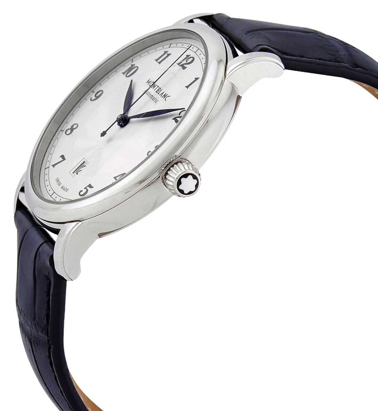 Montblanc Star Legacy Automatic Stainless Steel Silver Dial Blue Leather Strap Date Mens Watch 117575