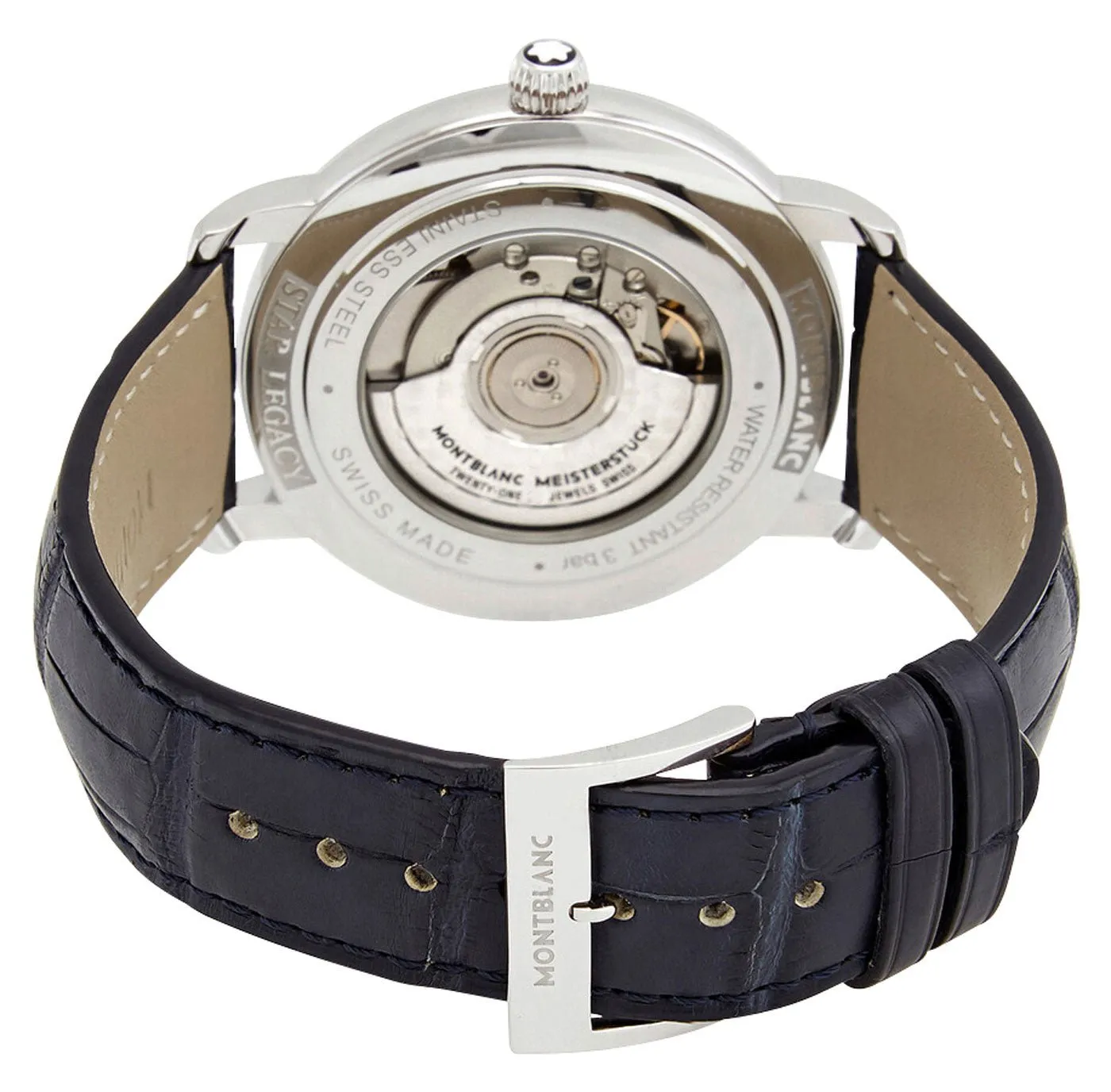 Montblanc Star Legacy Automatic Stainless Steel Silver Dial Blue Leather Strap Date Mens Watch 117575