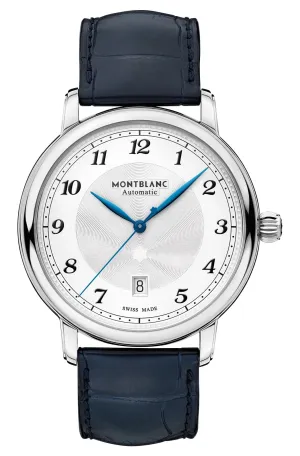 Montblanc Star Legacy Automatic Stainless Steel Silver Dial Blue Leather Strap Date Mens Watch 117575