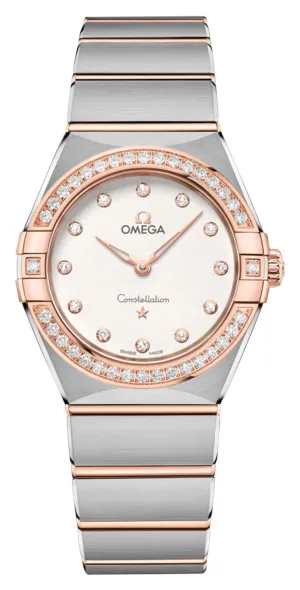 Omega Constellation Stainless Steel & 18K Rose Gold Silver Dial Diamonds Quartz Womens Watch 131.25.28.60.52.001