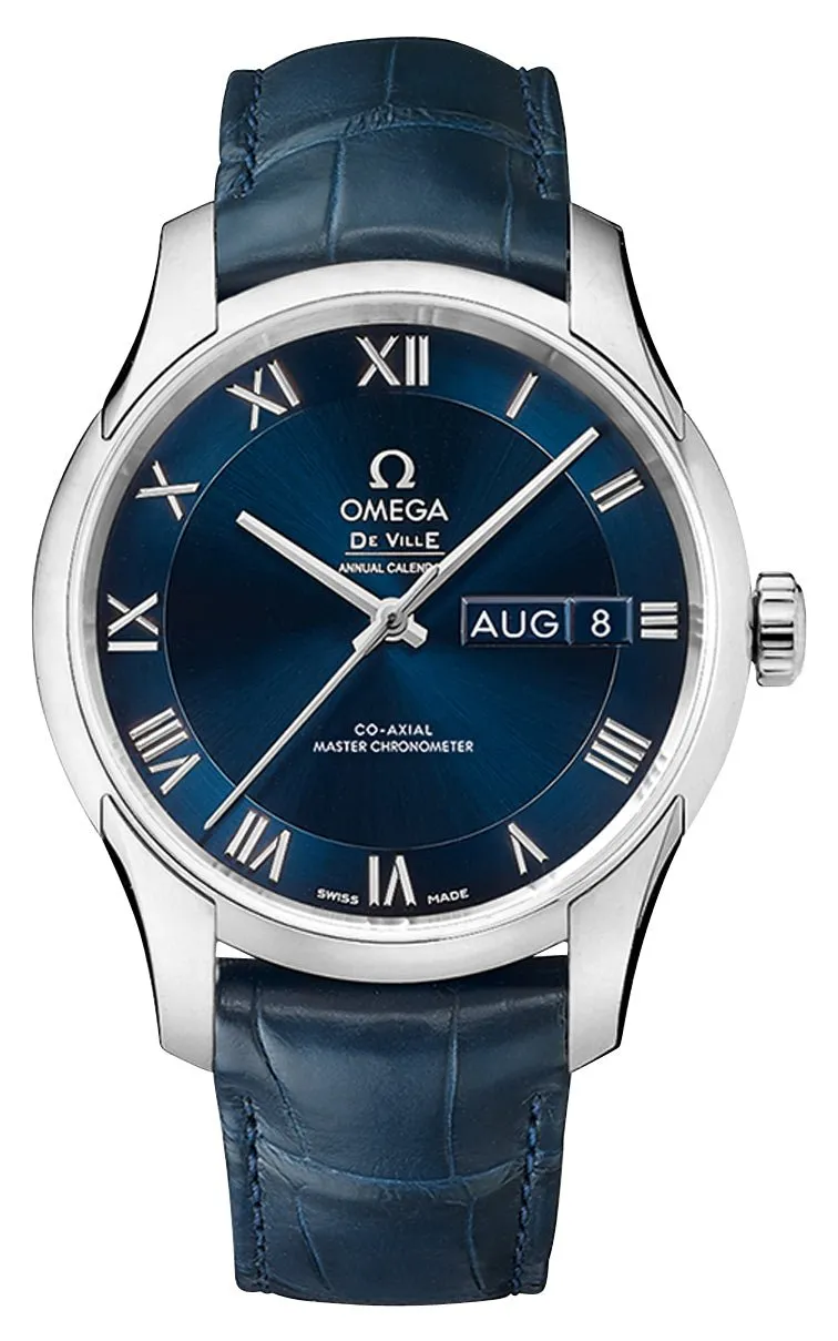 Omega De Ville Hour Vision Automatic Chronometer Stainless Steel Blue Dial Blue Leather Strap Date/Month Mens Watch 433.13.41.22.03.001